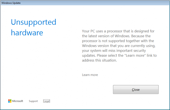Windows 7 unsupported hardware on Kaby